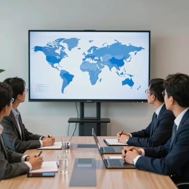 A crisp photograph of a professional meeting involving focused participants looking at a large screen displaying global trade statistics, in a clean, sophisticated office.