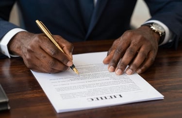 A professional close-up photograph of a West African legal professional's hands signing a formal contract on a dark wood table with a gold fountain pen.