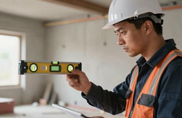 Professional construction expert inspecting a site with a digital level tool, showing modern precision and refined craftsmanship, Southern European / Italian setting.