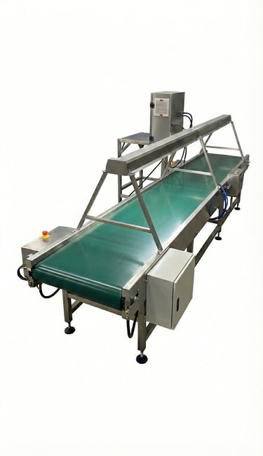 Industrial stainless steel conveyor belt system with green PVC belt and control panel box for automated production line.