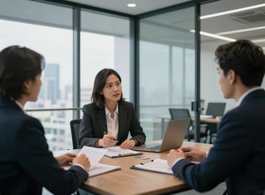 A modern office meeting room with glass walls, showing a consultant and a client discussing a visa strategy with a view of the city.