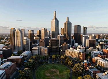An aerial view of the Melbourne skyline during the day, highlighting modern architecture and green parks.