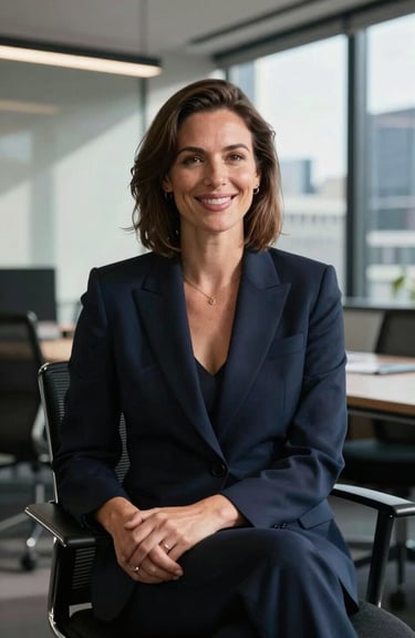 A confident female professional in a dark navy blue blazer sitting in a modern, sunlit office in Melbourne, smiling warmly.