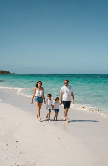A happy family walking together on a pristine Australian beach with turquoise water and soft off-white sand.
