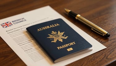 The Twelve Apostles coastline at sunset, with golden light hitting the limestone stacks and deep navy blue ocean waves.