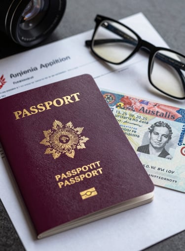 A close-up of a passport and an Australian visa approval letter on a desk with a pair of professional glasses.
