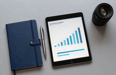 A top-down view of a light grey desk with a tablet showing business growth charts. A deep navy blue notebook and silver pen are placed neatly beside it.