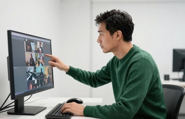 A creative director in an emerald green sweater reviewing video footage on a monitor in a clean, modern studio with crisp white walls.