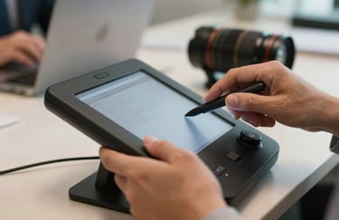 A sharp, professional photograph of a person's hands using a high-tech touch console in a South American corporate environment.