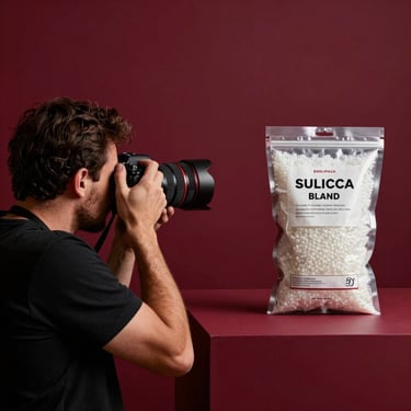 A photographer in a studio in Porto, taking high-quality product photos of silica gel packaging against a deep ripe crimson backdrop, Portuguese-speaking / European context.