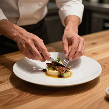 A chef's hands carefully plating a sophisticated dish in a modern restaurant kitchen, warm wooden textures, professional lighting, Portuguese-speaking / European context.