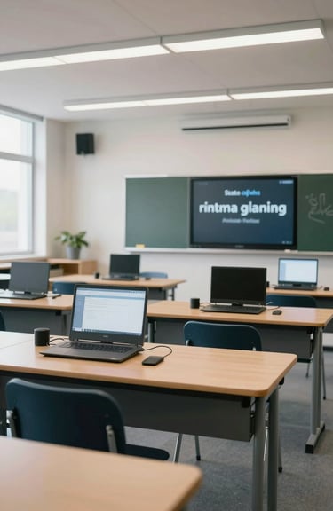 A wide shot of a clean, modern classroom with state-of-the-art technology for language teaching.