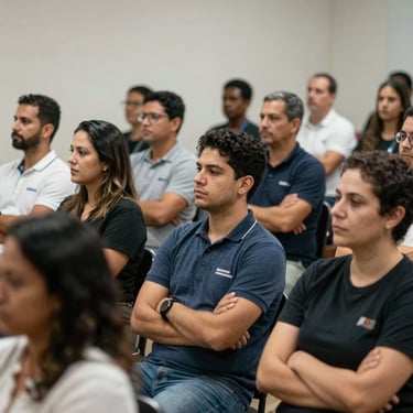 A group of diverse professionals in Nova Friburgo participating in a corporate training workshop.