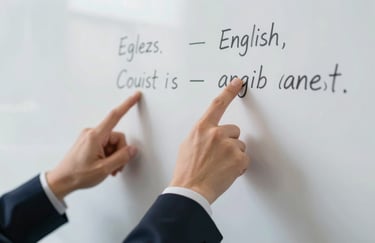 Close-up of a teacher's hands pointing at an English grammar rule on a whiteboard in a professional setting.