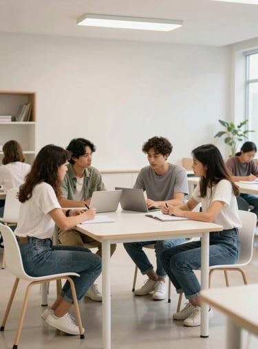 A bright common area in the language school where students collaborate, featuring a clean and dynamic off-white design.