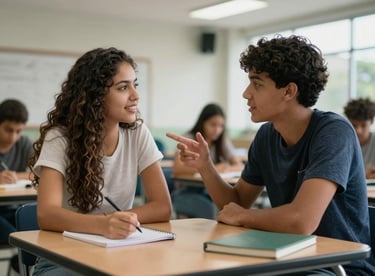 Two students having a dynamic conversation in a modern school lounge, South American / Brazilian context.