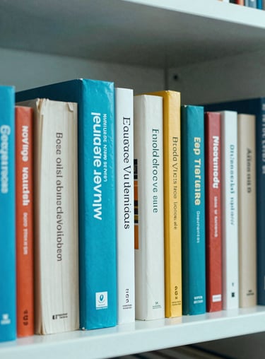 A collection of modern language textbooks and educational resources on a shelf with light cyan lighting.