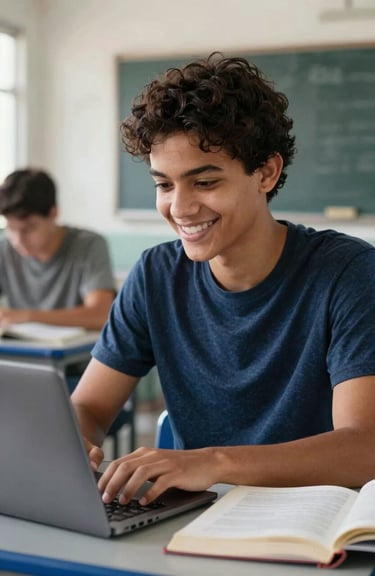 A South American / Brazilian student smiling while studying with a laptop and a textbook in a bright classroom with dark blue accents.