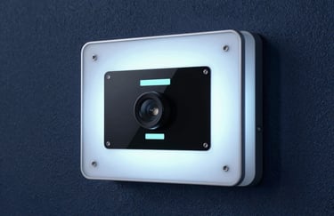 A close-up of a high-tech security access panel with a soft ice white glow, mounted on a textured deep navy wall.