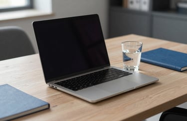 A sharp, focused image of a modern executive desk with a high-end laptop, a glass of water, and slate blue accents under clean, professional lighting.