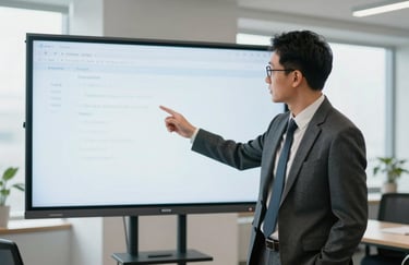 A person in professional business attire gesturing towards a presentation screen in a bright North American office, representing consultation and guidance.