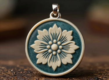 A handmade charm with a floral pattern in deep charcoal teal and warm cream, signifying harmony and prosperity.