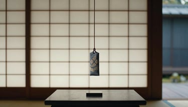 A serene wide shot of several textile charms suspended in a window overlooking a blurred Kyoto garden, soft natural lighting.