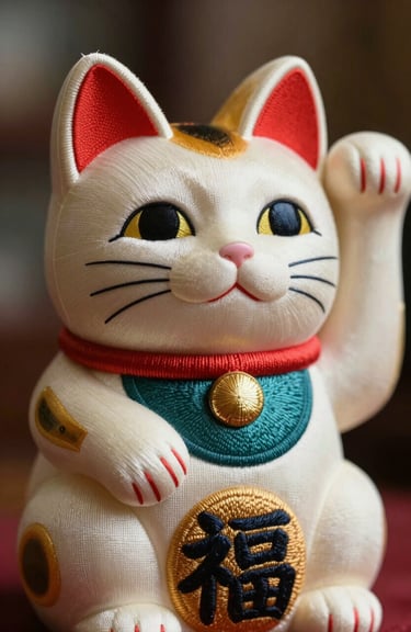 Close-up of a Maneki-Neko lucky cat charm made from textured warm cream silk with deep charcoal teal embroidery details.