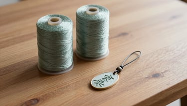 Macro shot of a silk charm's intricate stitching, showing the premium handmade quality and deep charcoal teal thread.