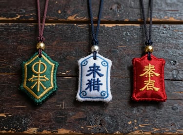 Three different textile charms arranged artistically on a weathered dark wood surface, emphasizing spiritual protection and luck.