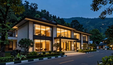 A Premiere Room showcasing a plush seating area in deep forest green velvet with soft natural light spilling in.