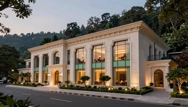 A Deluxe Room with soft off-white linens, sage green accent pillows, and a view of Dehradun's greenery through floor-to-ceiling windows.