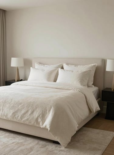 The Luxury Suite bedroom, designed with serene elegance, featuring soft off-white textures and minimal boutique decor.