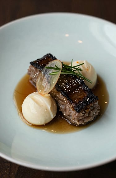 A close-up shot of a gourmet breakfast dish served on a pale mint ceramic plate, representing the hotel's refined dining.