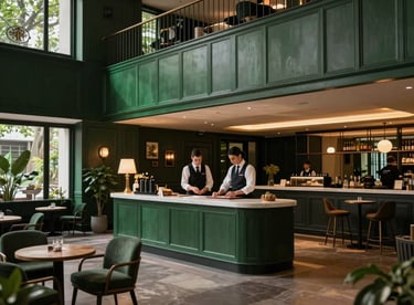 The boutique hotel lobby with deep forest green accents, refined hospitality staff, and a sense of peaceful retreat.