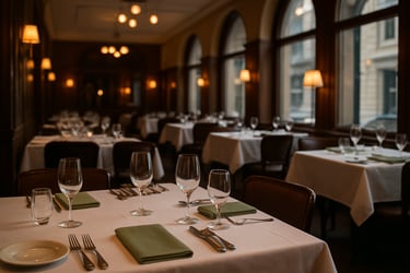 Interior of the hotel restaurant on Canal Road, with tables set in white linen and sage green napkins under warm lighting.