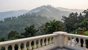 An evening view of the hotel garden on Canal Road, with soft off-white stone paths winding through dense tropical plants.