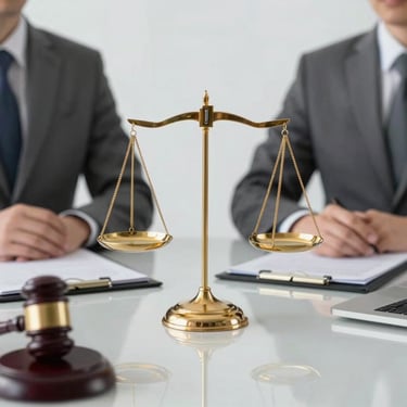 A professional lawyer consulting with a client in a warm, welcoming office environment.