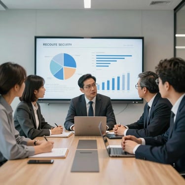 A collaborative, professional setting in a modern North American boardroom with individuals discussing data security strategies around a bright display.