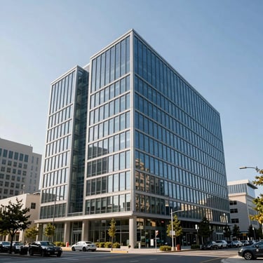 A wide-angle, professional photograph of a clean, modern corporate headquarters with glass facades and steel blue accents in a bright North American business district.