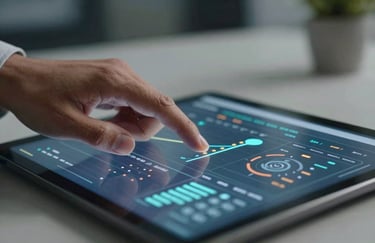 A sharp, focused photo of a person's hands using a touch screen tablet to analyze complex web traffic graphs in a high-tech, modern business setting.