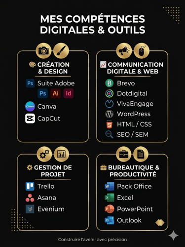 Graphic showing digital skills in Adobe Suite, Canva, WordPress, SEO, and project management tools like Trello.