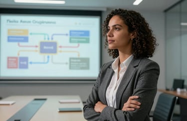 A portrait of a confident Brazilian business executive in a high-tech conference room, looking towards a digital projection of a workflow. Sophisticated and authoritative vibe.