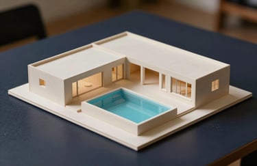 An architectural scale model of a pool house and courtyard, crafted with clean lines and off-white materials on a dark navy desk.