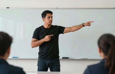 A professional South American / Brazilian instructor conducting a safety training session in a clean, modern classroom, using pale misty white boards.
