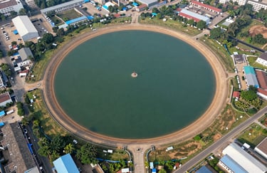An aerial view of a clean water reservoir in a South Asian industrial zone, surrounded by organized infrastructure and greenery.