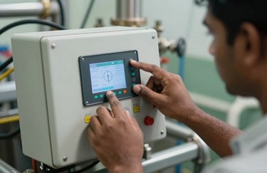 Close-up of a South Asian technician's hands carefully adjusting a digital control panel on a water treatment system.