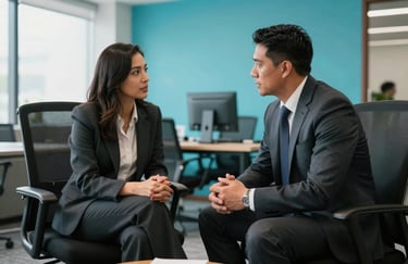 Two North American / Mexican professionals in business attire engaging in a serious strategic discussion in a bright, modern office. Deep charcoal black furniture and bright cyan wall accents.