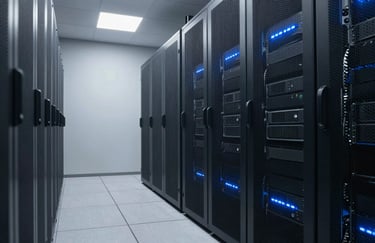 A minimalist, modern server room corridor in a North American tech hub with soft blue glowing lights. Clean, sophisticated infrastructure.