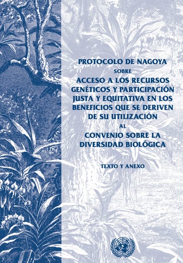 Cover of the Nagoya Protocol document on biological diversity with blue botanical illustrations and UN logo.
